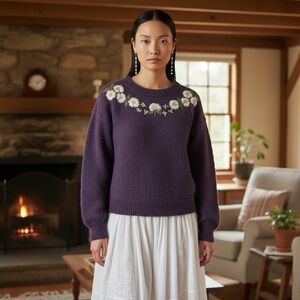 219. VINTAGE PURPLE MOHAIR BLEND FLORAL SWEATER